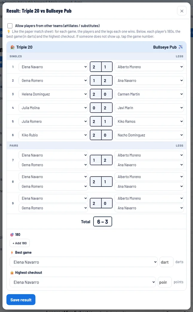 Darts match report filled in on a phone: players, legs of each game and the footer with the 180s, best game and biggest checkout