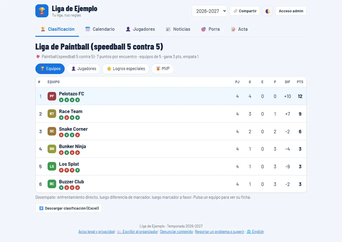 What a paintball league looks like in CreaTuLiga (sample data)